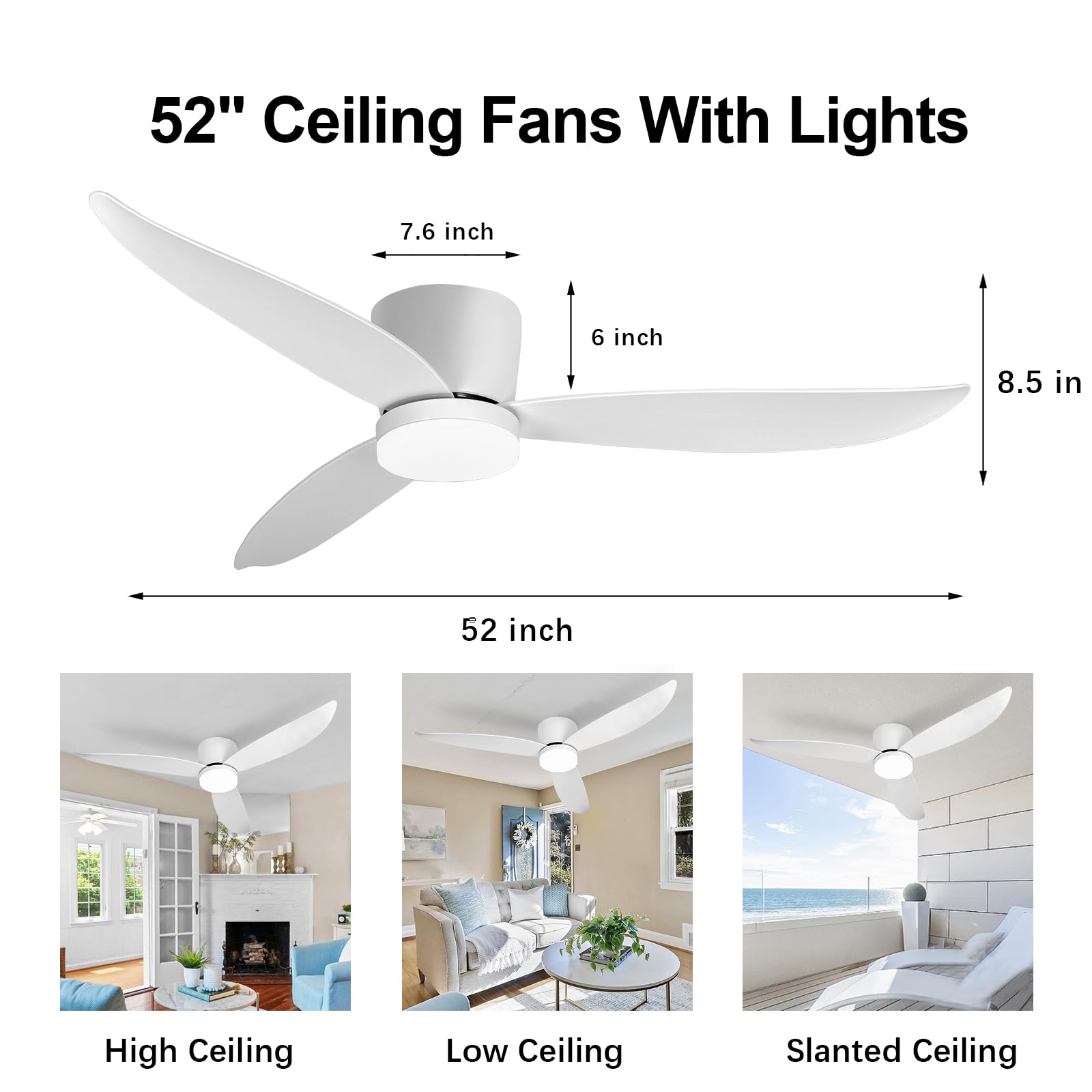 Ventilateur de plafond blanc moderne à profil bas de 52 po avec lumière