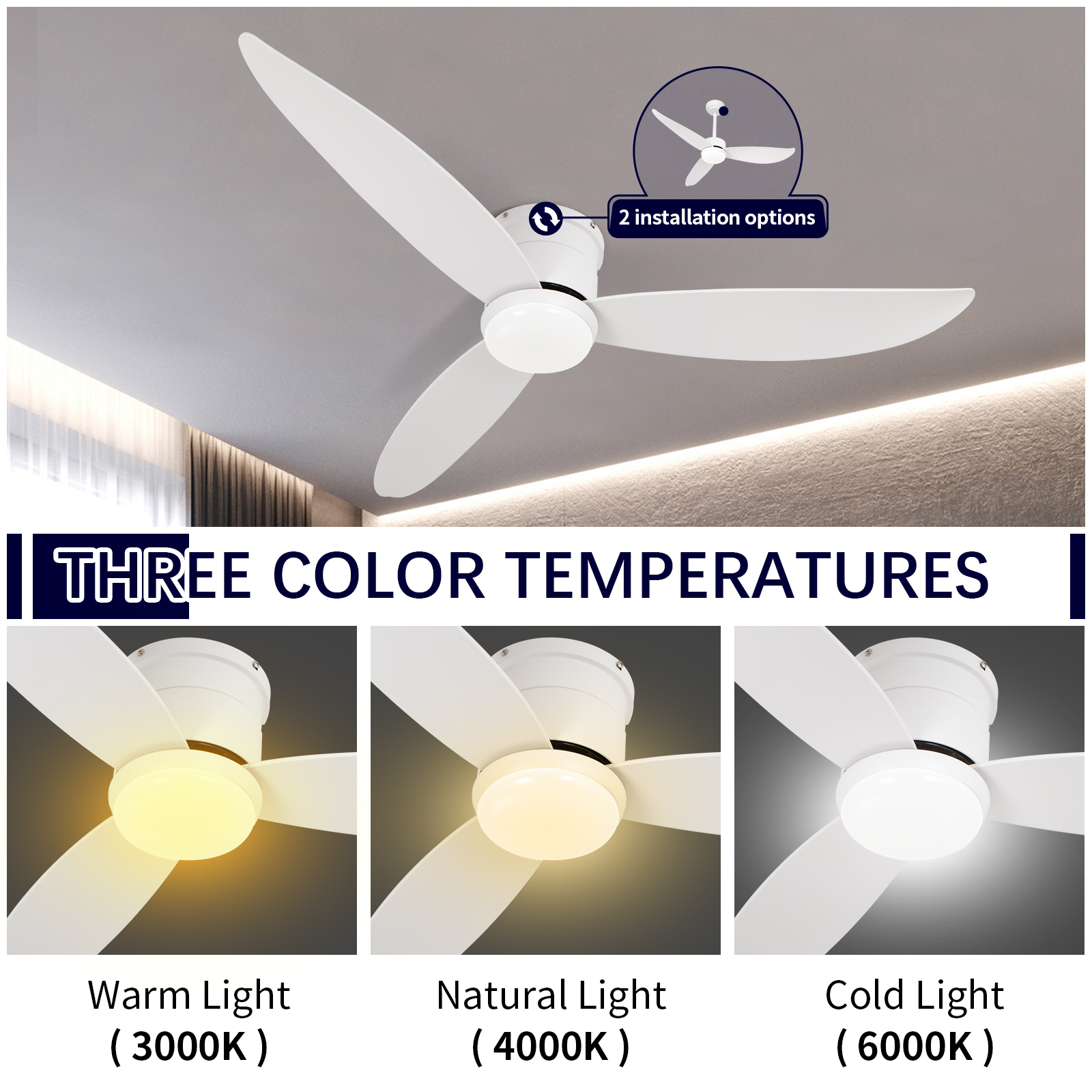 Ventilateur de plafond télécommandé moderne à intensité variable de 52 pouces avec lumières LED