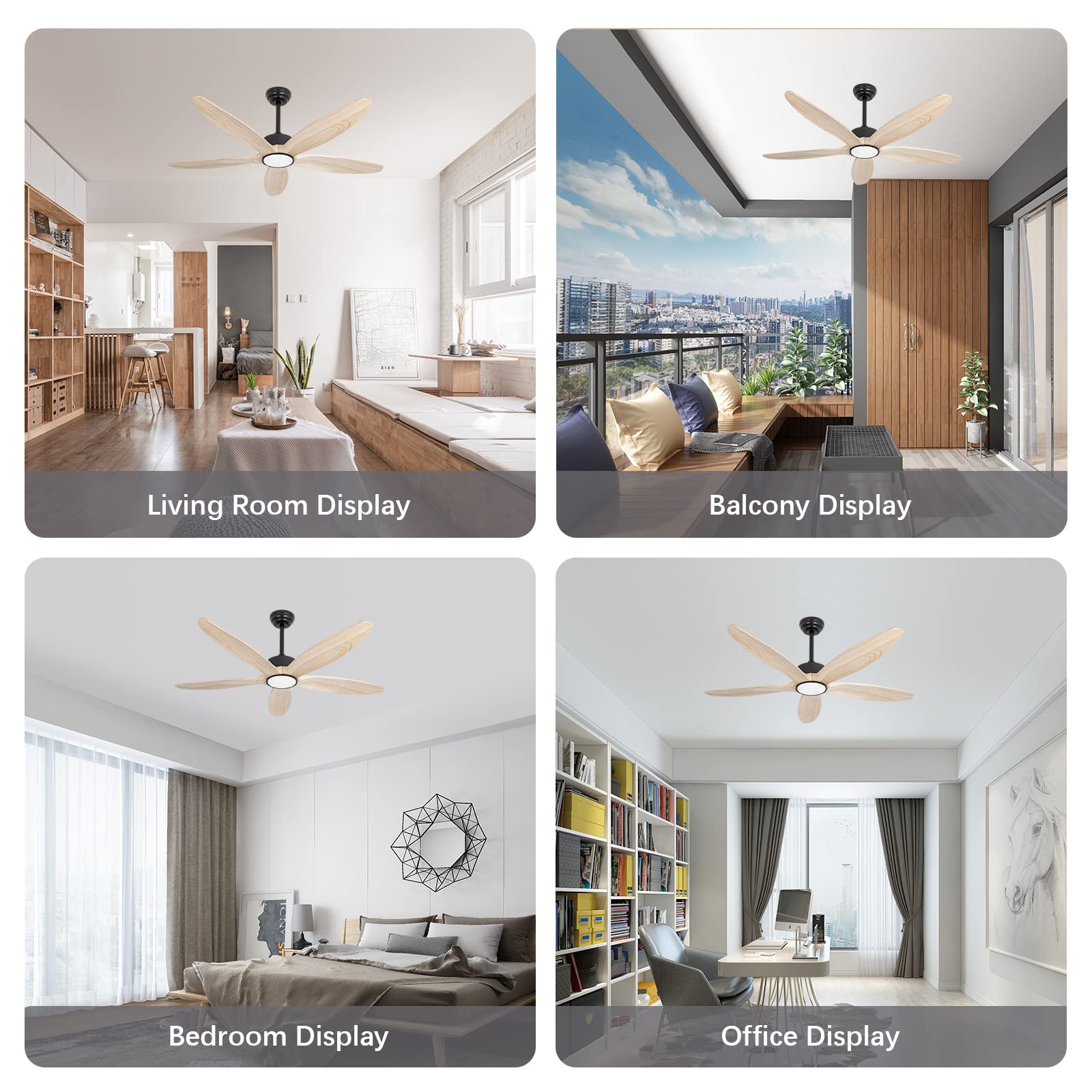 Ventilateur de plafond à 5 pales en bois avec lumière et télécommande