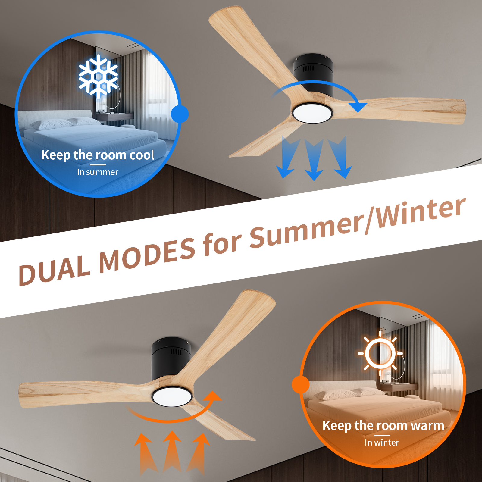 Ventilateurs de plafond à pales en bois de couleur naturelle 52 pouces avec lumières et télécommande