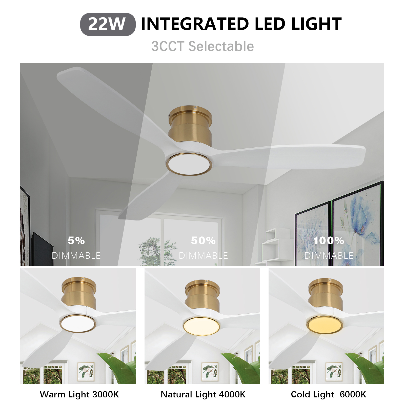 Ventilateur de plafond moderne à profil bas de 52 po avec lumière