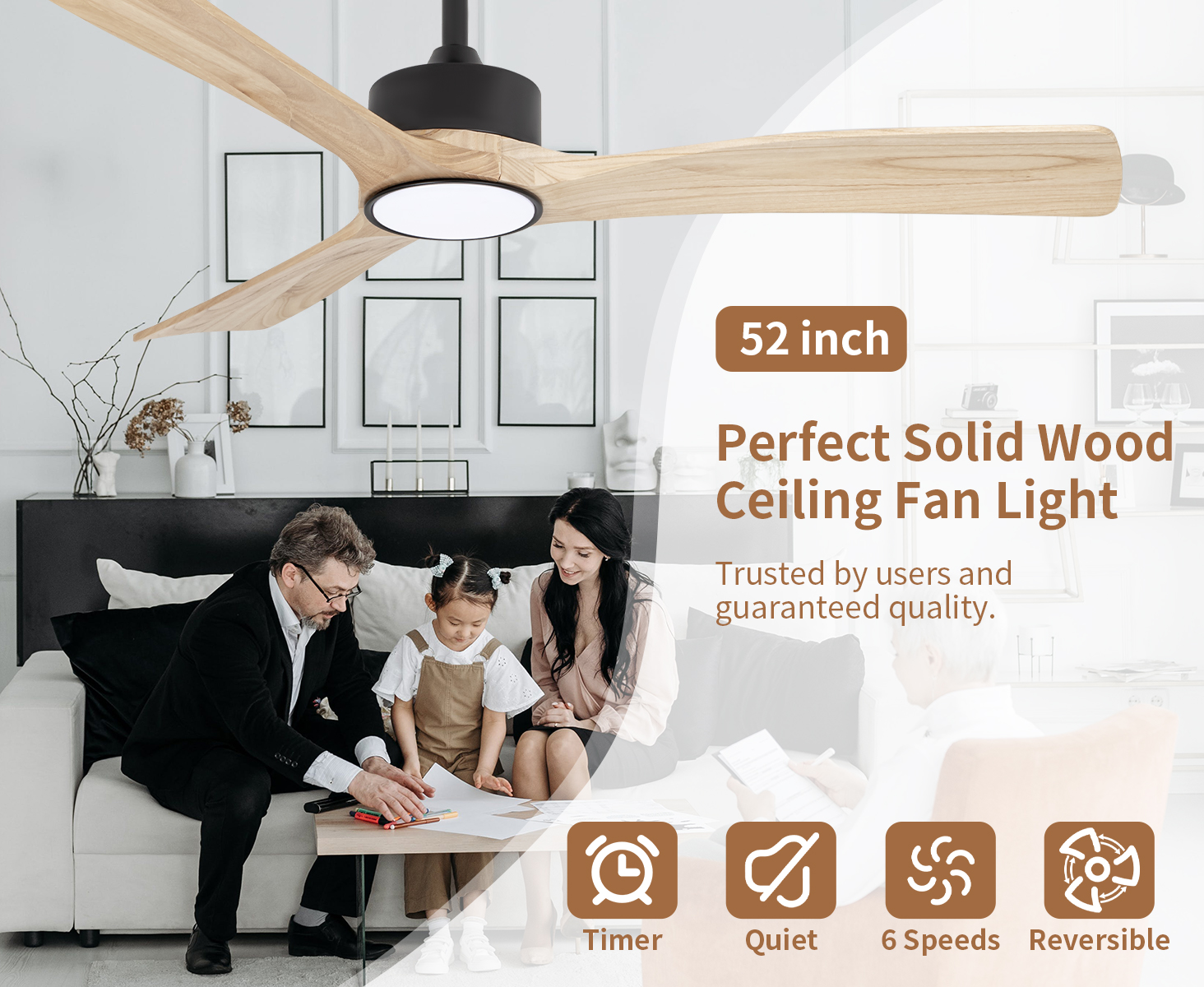 Lampe de ventilateur de plafond en bois