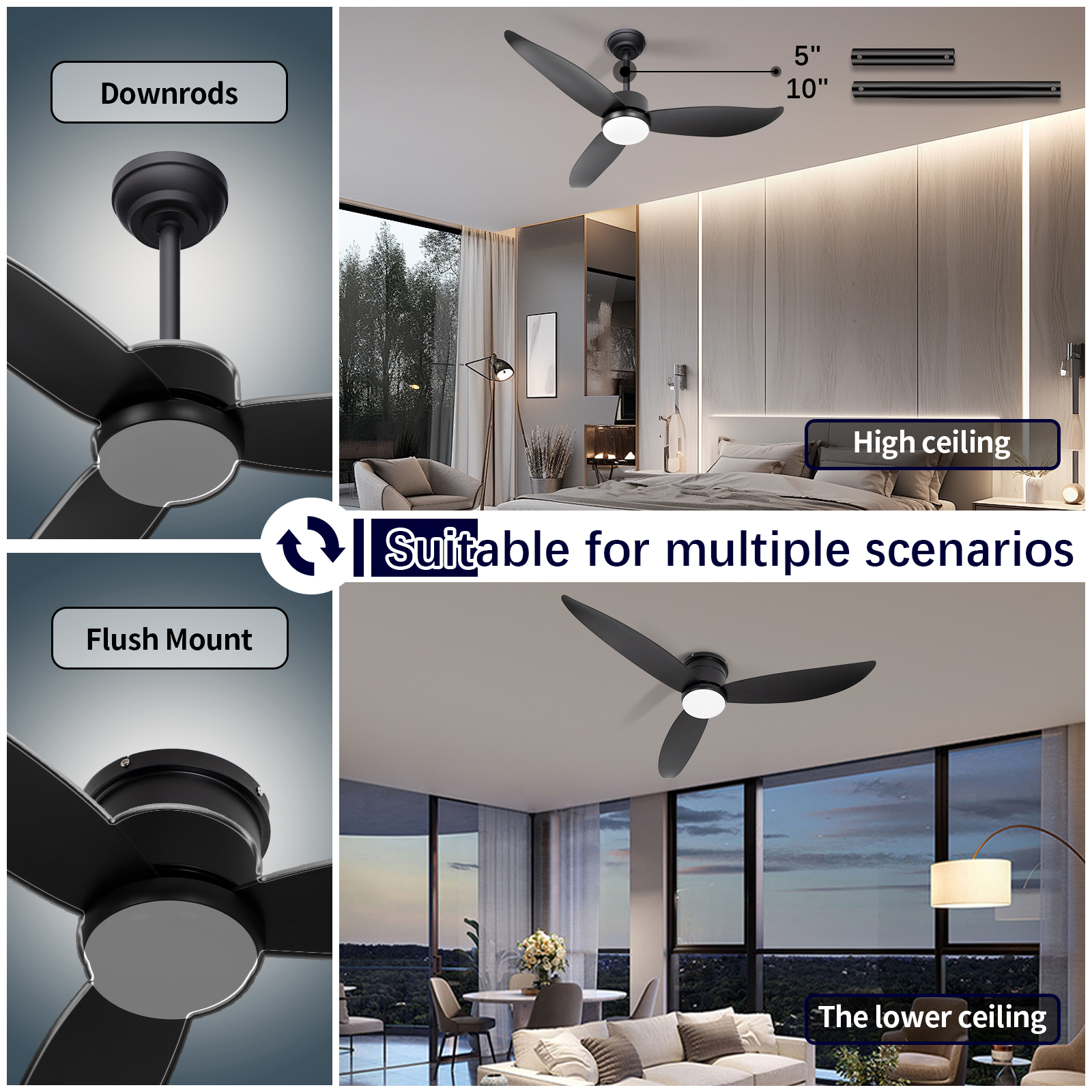 Lumière noire de ventilateur de plafond escamotable de profil bas de LED de 18W 3CCT