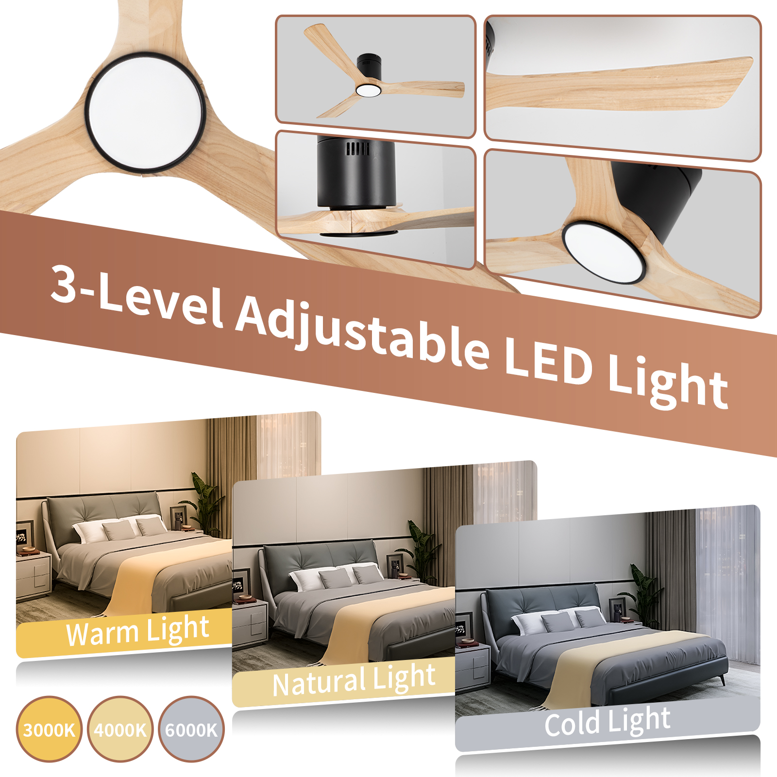 Ventilateurs de plafond à pales en bois de couleur naturelle 52 pouces avec lumières et télécommande