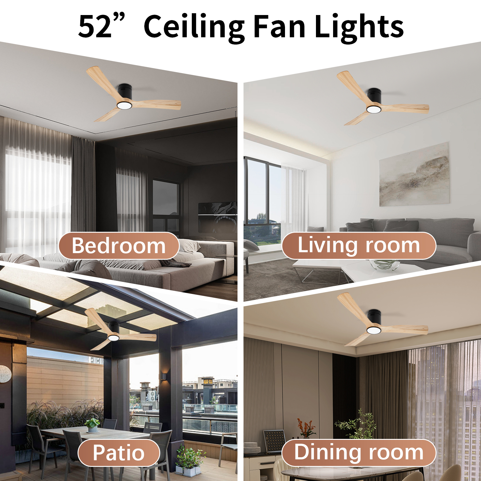 Ventilateurs de plafond à pales en bois de couleur naturelle 52 pouces avec lumières et télécommande