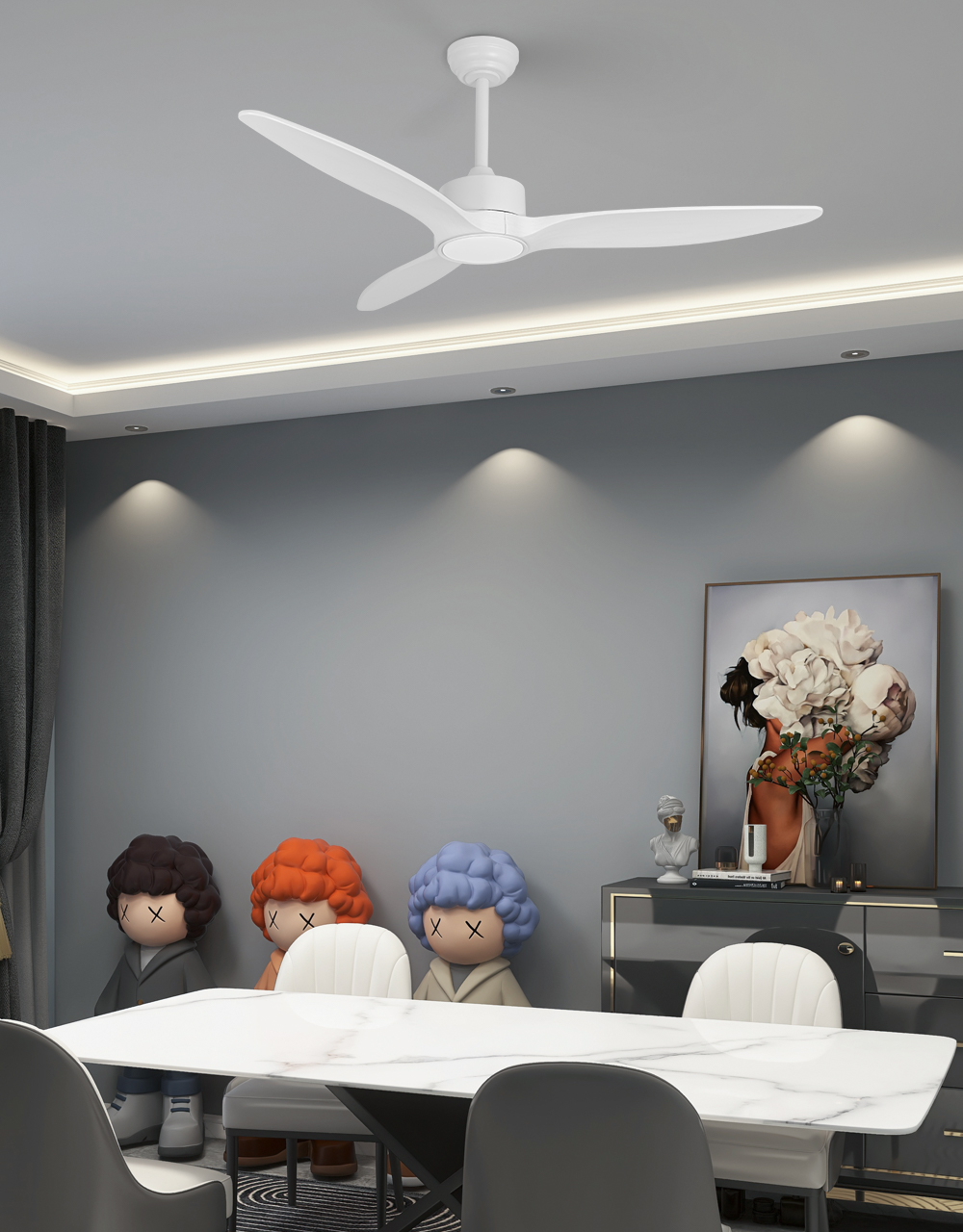 Scène d'utilisation de la salle à manger avec ventilateur de plafond blanc