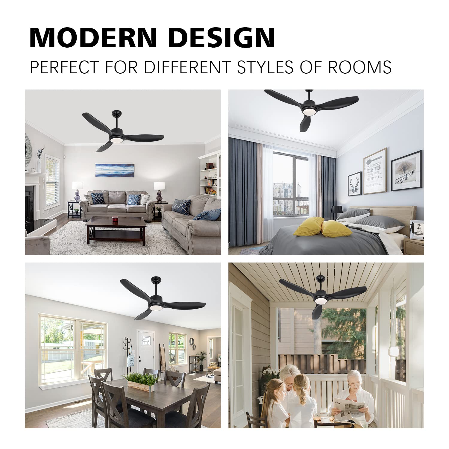 Ventilateur de plafond moderne avec lumière 52 pouces noir