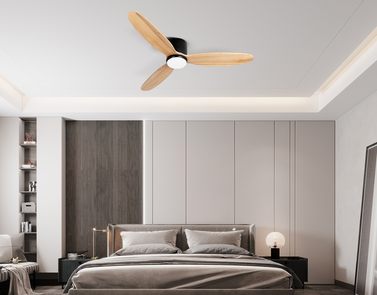 Scénario d'utilisation de la chambre à coucher avec ventilateur de plafond en bois