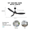 Ventilateur de plafond moderne avec lumière 52 pouces noir