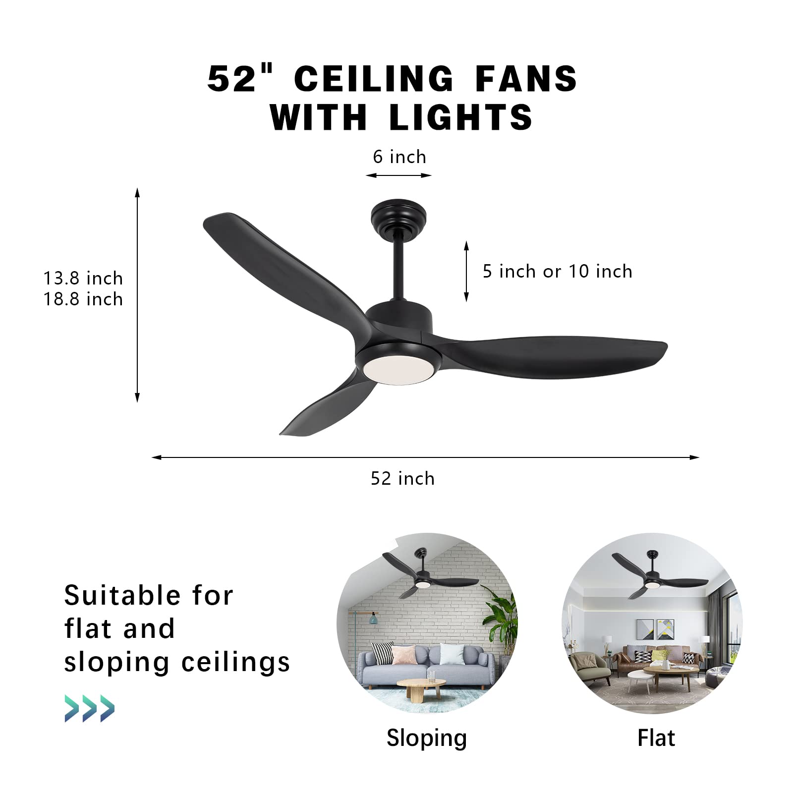 Ventilateur de plafond moderne avec lumière 52 pouces noir