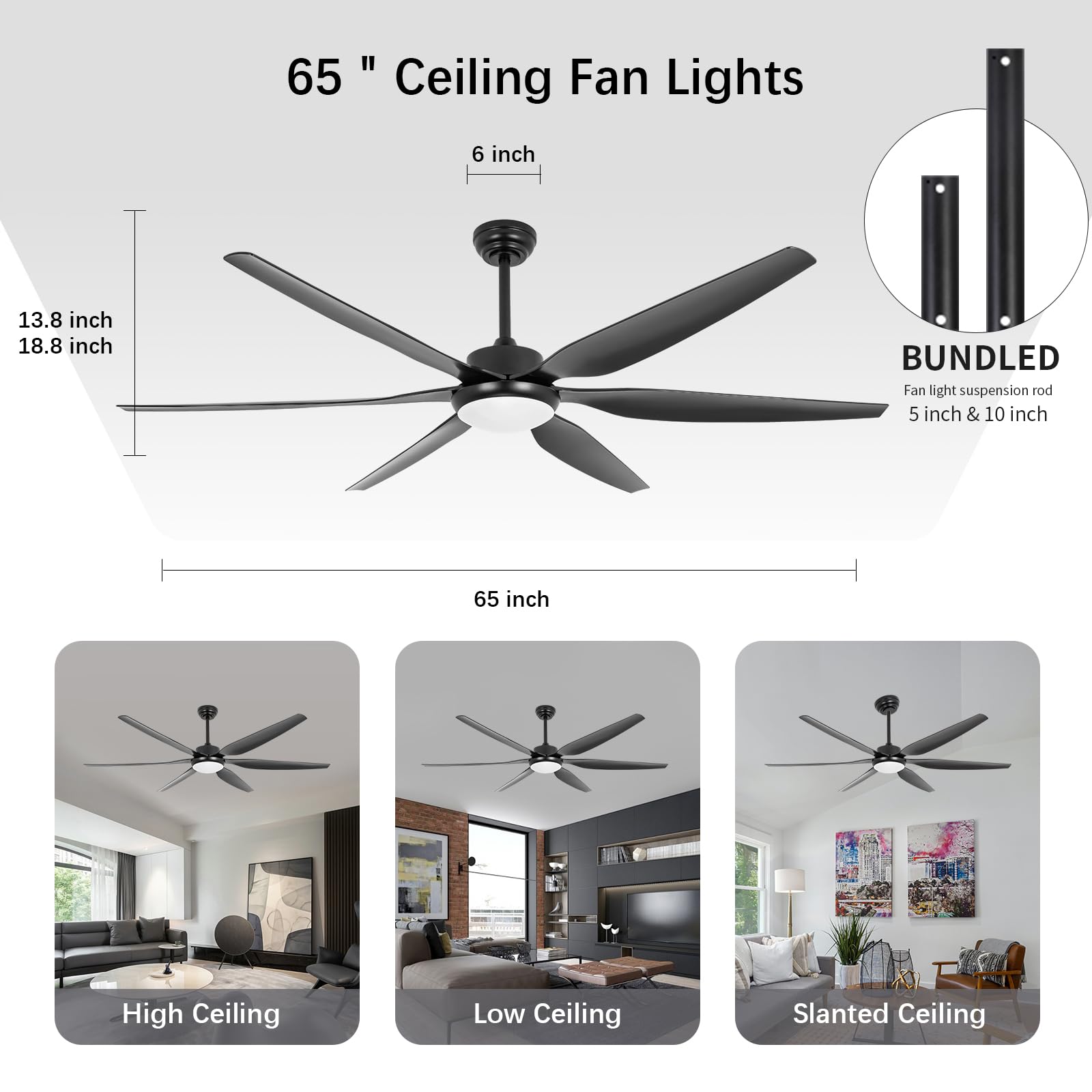 Ventilateur de plafond de 65 pouces avec lumières et télécommande noir