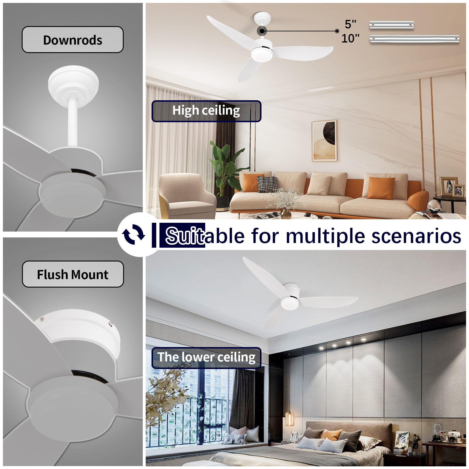 Ventilateur de plafond télécommandé moderne à intensité variable de 52 pouces avec lumières LED