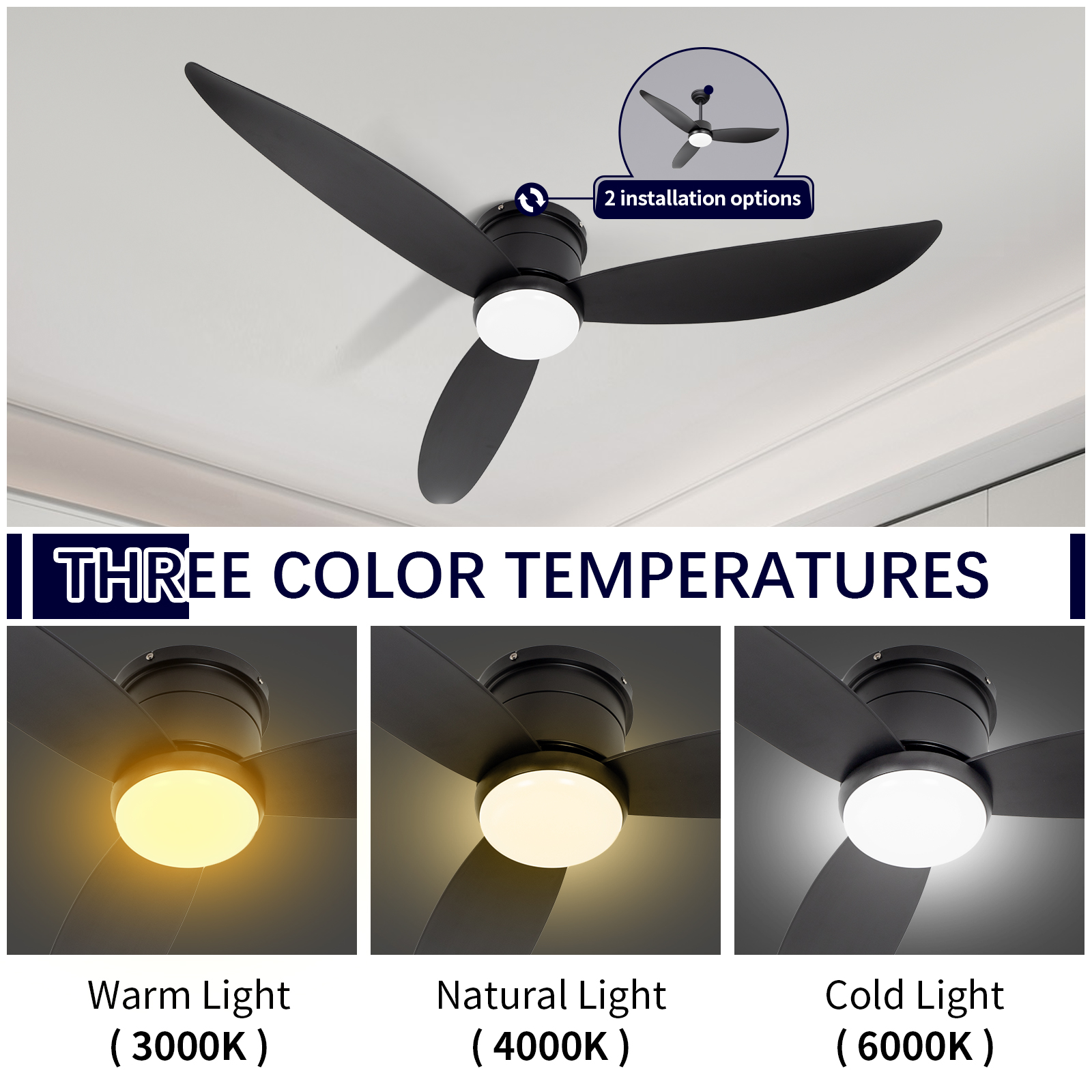 Lumière noire de ventilateur de plafond escamotable de profil bas de LED de 18W 3CCT