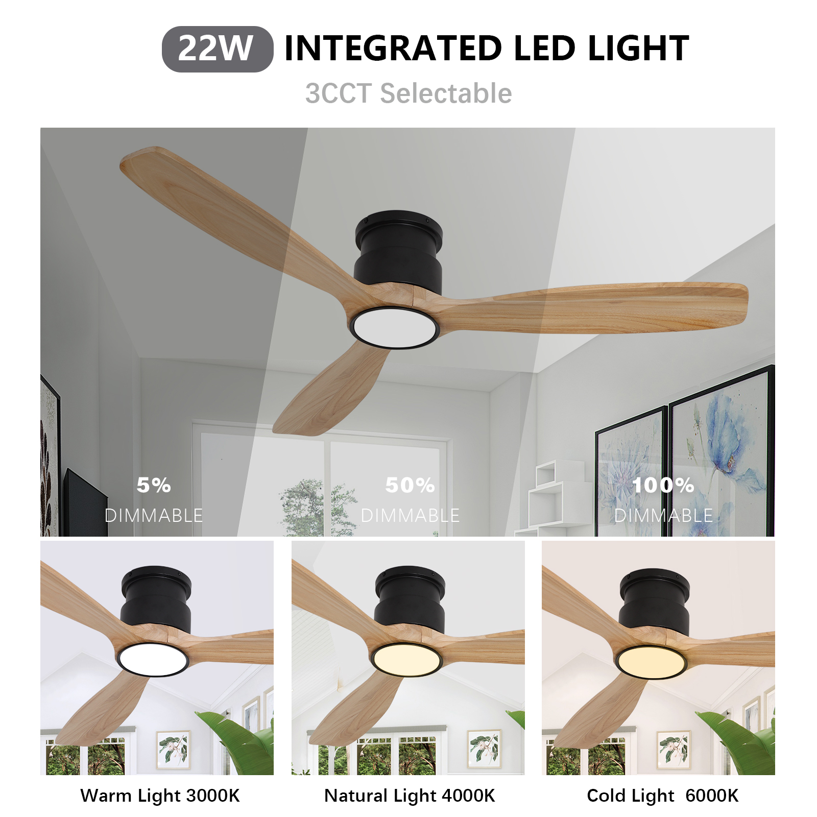 Ventilateur de plafond encastré à profil bas avec lumière 52 pouces 