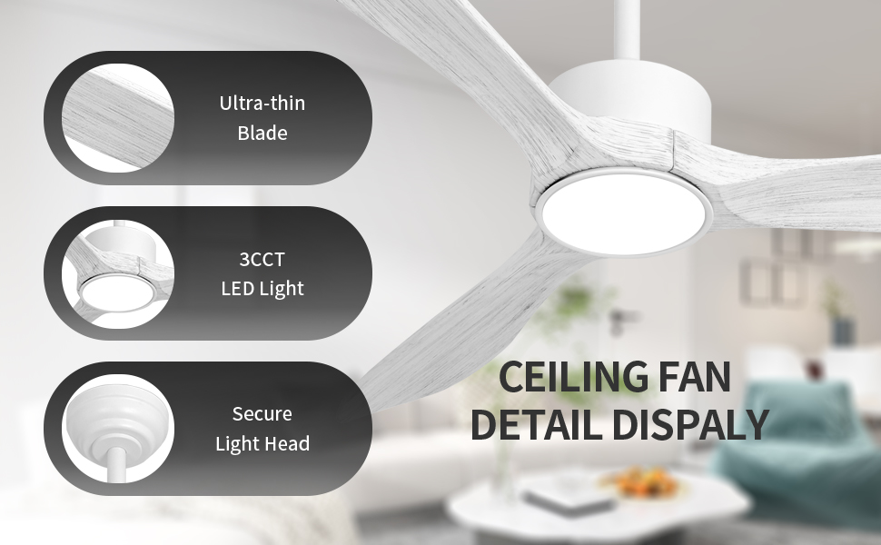Détail de la lumière du ventilateur de plafond en bois blanc