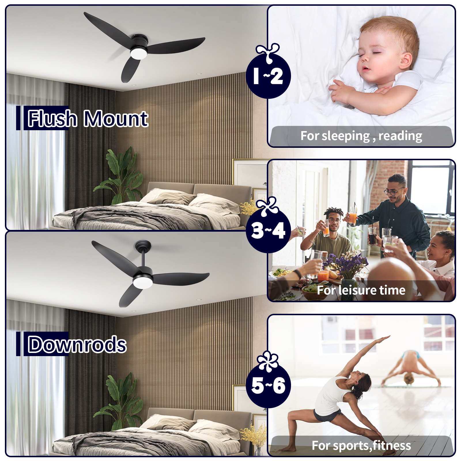 Lumière noire de ventilateur de plafond escamotable de profil bas de LED de 18W 3CCT