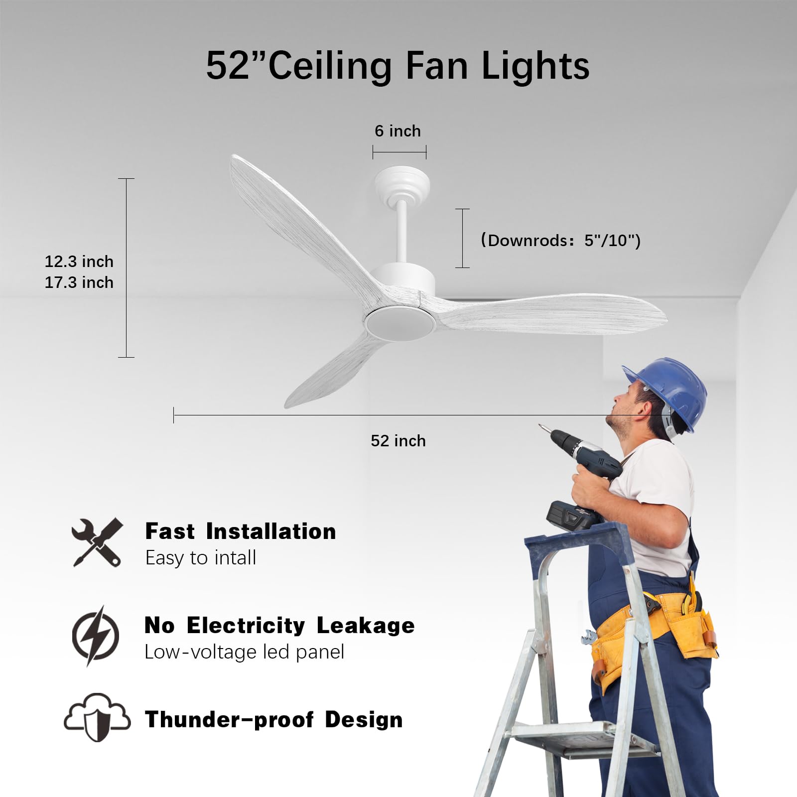 Ventilateurs de plafond en bois classiques de 52 pouces avec lumières et télécommande