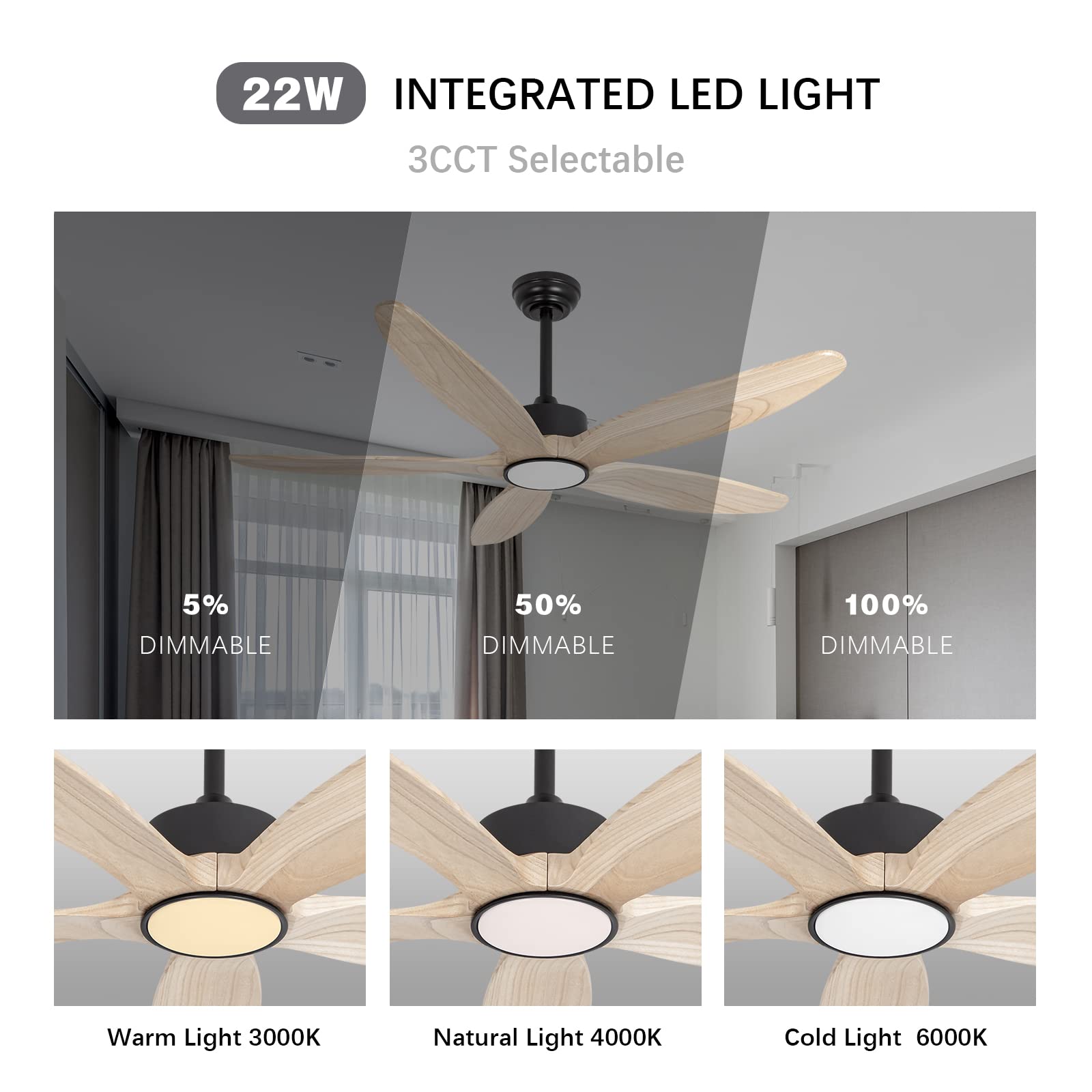 Ventilateur de plafond à 5 pales en bois avec lumière et télécommande