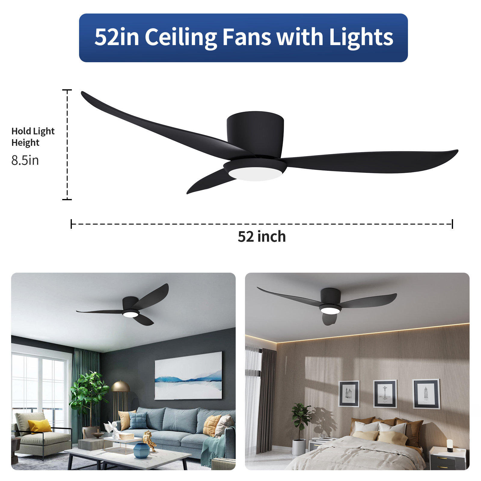 Noir 52' 6 vitesses avec ventilateurs de plafond extérieurs intérieurs télécommandés