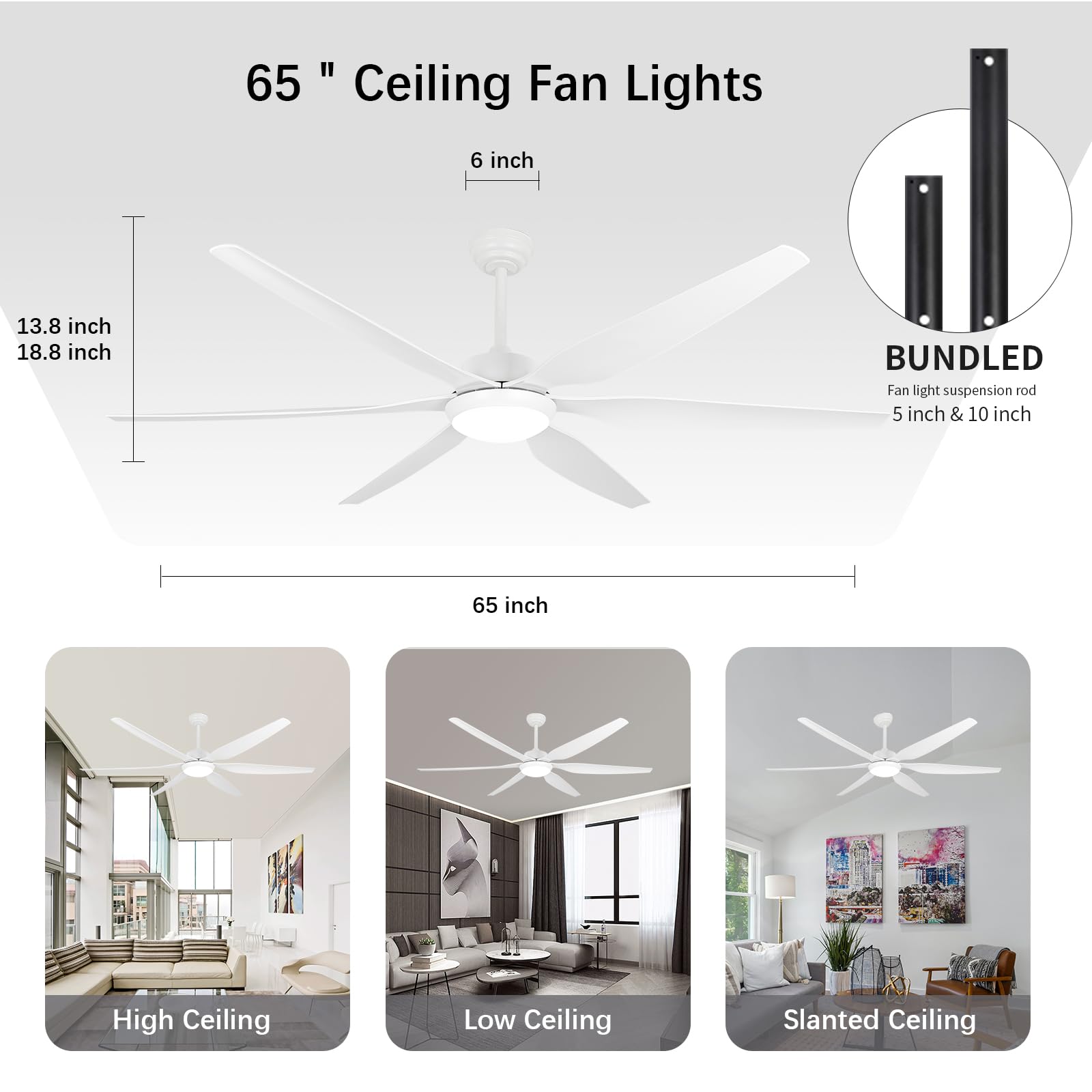 Ventilateur de plafond de 65 pouces avec lumières et télécommande