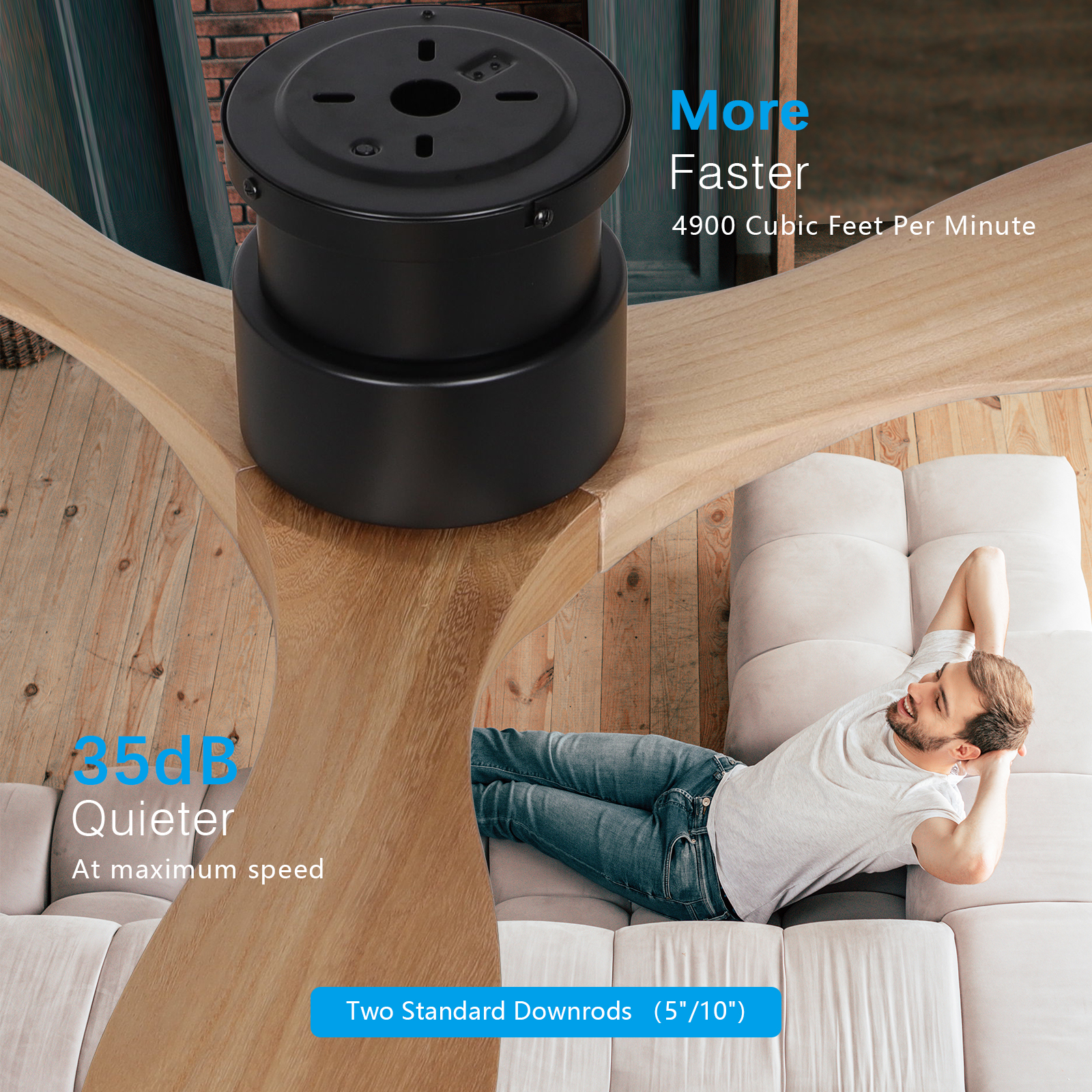 Ventilateur de plafond encastré avec lumière en bois massif de couleur bûche de 52 pouces 
